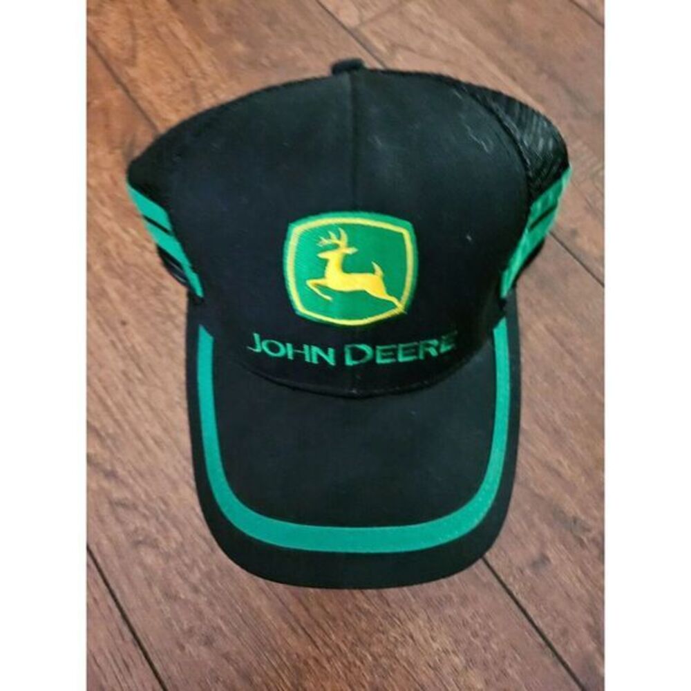 John Deere Hat Black Mesh Green Stripe Trucker Adjustable Embroidered Cap A+‎